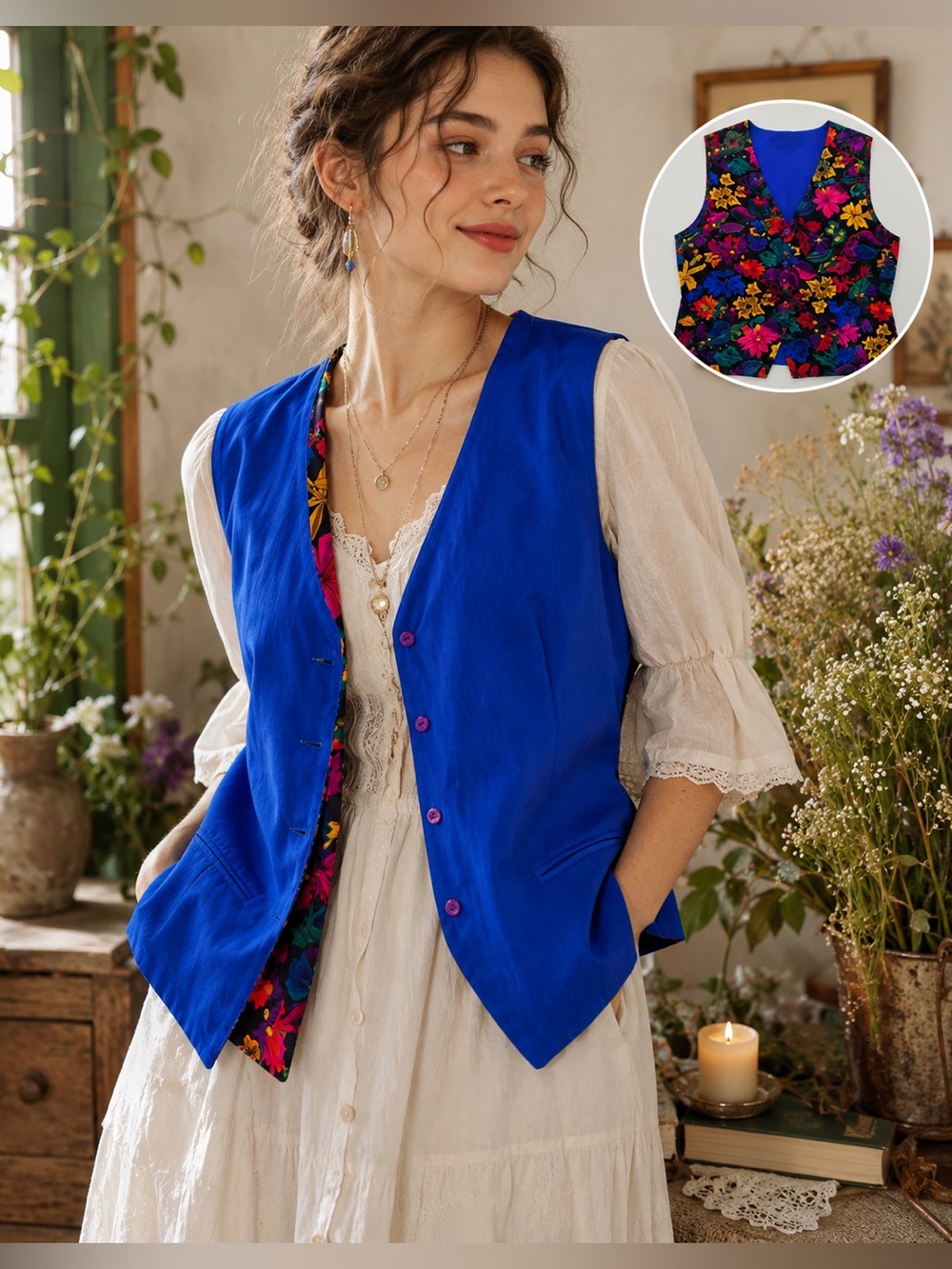 Vintage Silk Boutique Reversible Silk Floral Royal Blue Vest Large QVC